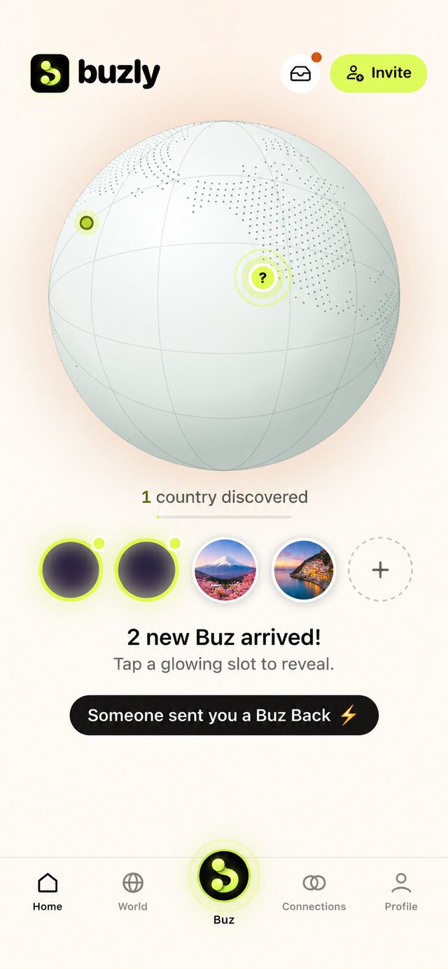 Buzly app home screen with the globe and moments from around the world